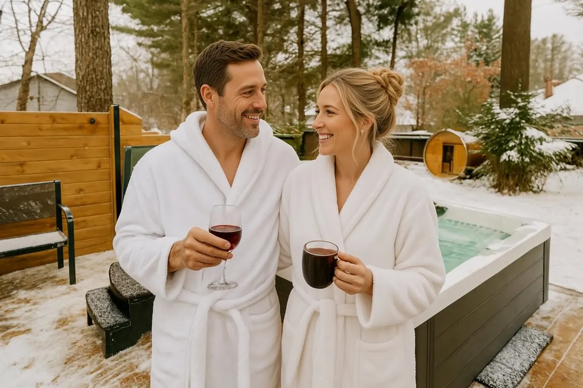 Couple en peignoir devant le spa enneigé