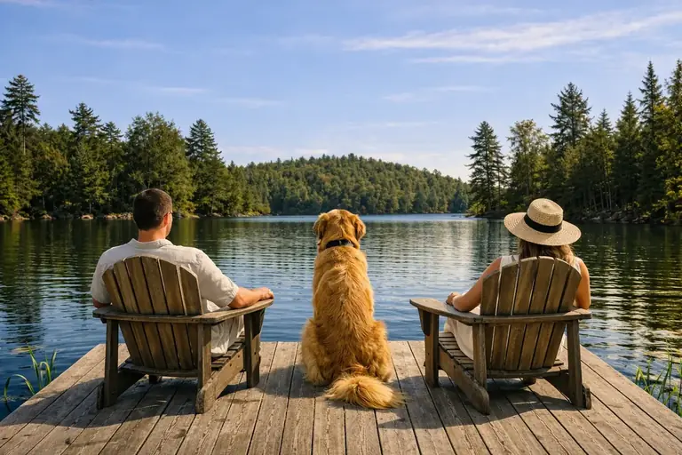 Couple et chien profitant du calme sur un quai au bord du lac