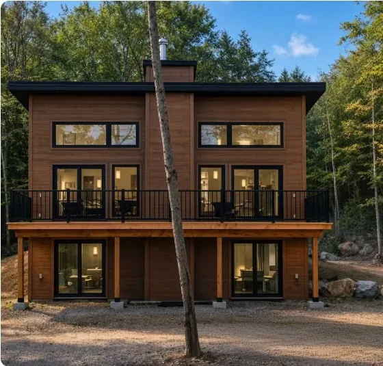 Chalet contemporain en bois entouré d’arbres à Matawinie
