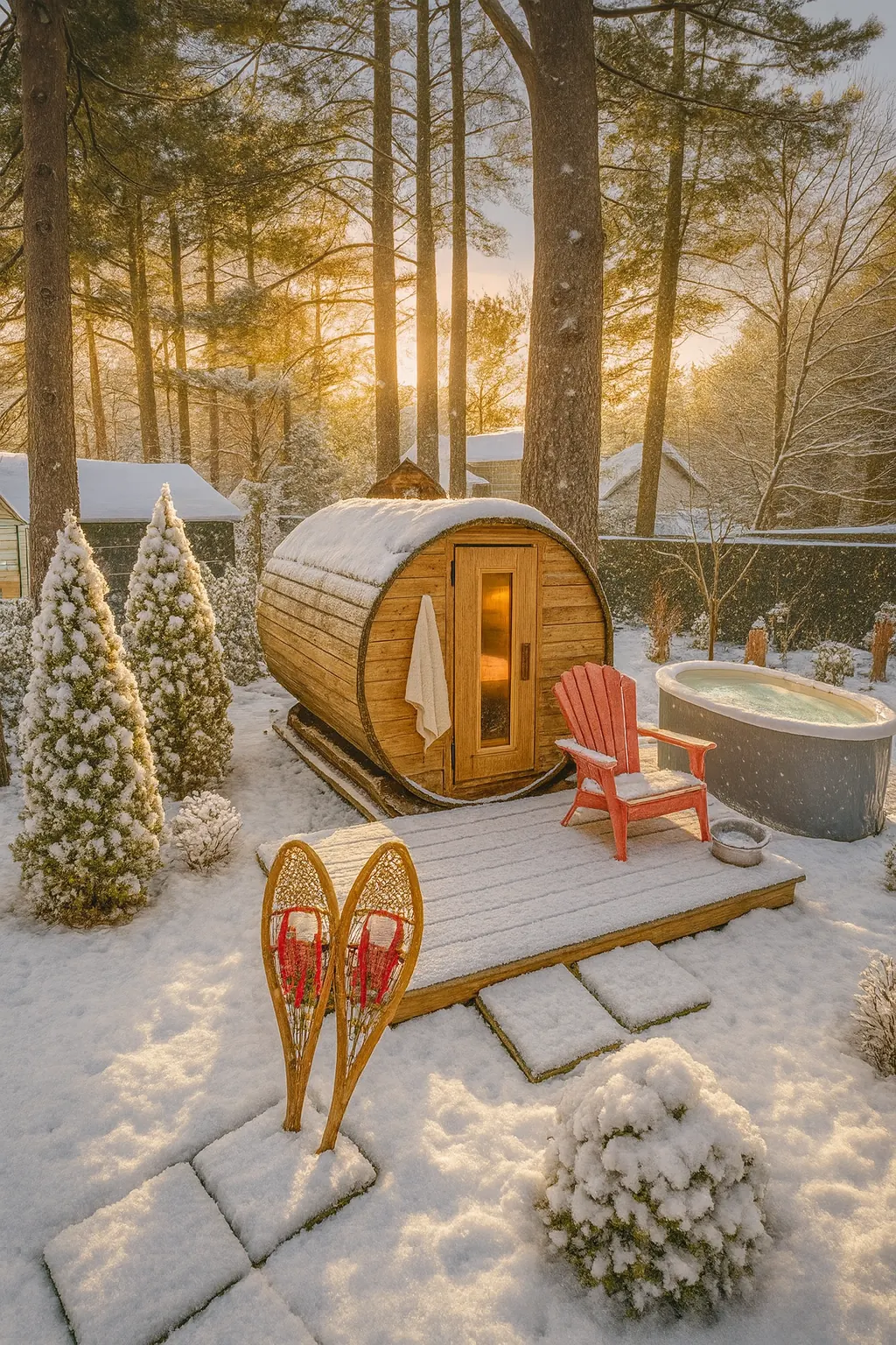 Sauna tonneau et spa de Maison Elias sous la neige à l’heure dorée