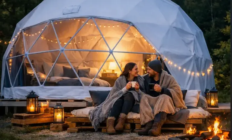 Couple devant un dôme illuminé en forêt