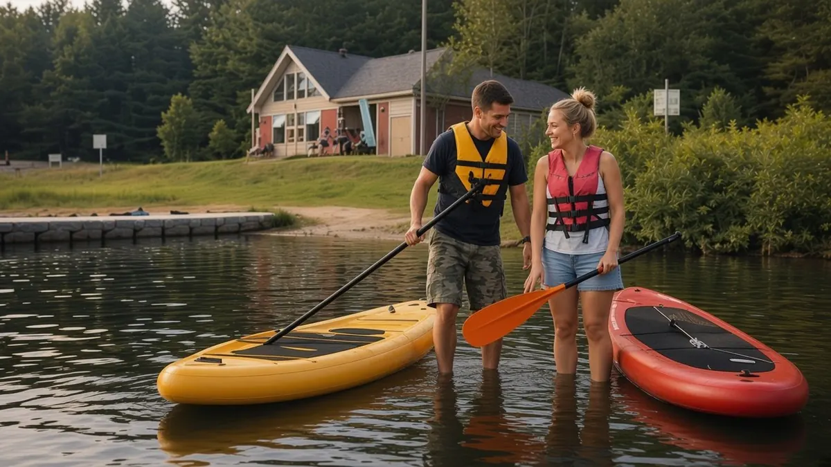 Couple avec leurs planches à pagaie au bord du lac
