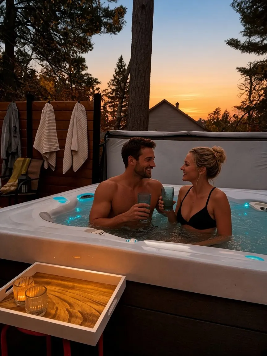 Couple dans le spa au coucher du soleil