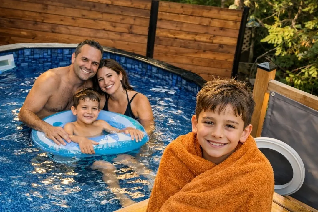 Famille profitant de la piscine extérieure